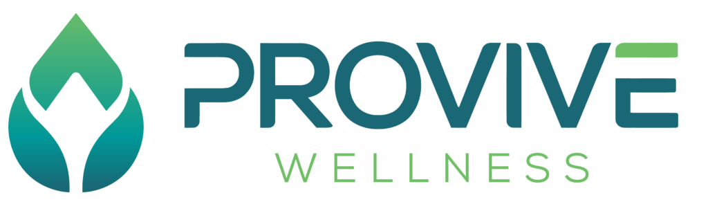 Logo for Provive Wellness featuring a stylized green and teal leaf beside the name “PROVIVE” in bold blue-green letters, with “WELLNESS” in light green below.