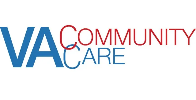 Logo with large blue letters "VA" on the left. To the right, the words "Community Care" are written, with "Community" in red and "Care" in blue.