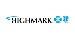 Highmark logo with a blue swoosh over the "H," followed by the Blue Cross and Blue Shield logos in blue on a white background.