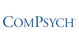 The image shows the logo for ComPsych, featuring the company name in capitalized, blue serif lettering on a white background.