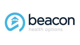 Beacon Health Options logo with a blue circular icon featuring a lighthouse on the left, and the words "beacon" in bold black and "health options" in light gray on the right.