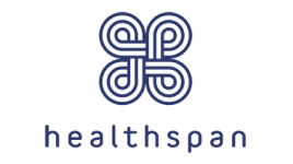Navy blue geometric logo above the word "healthspan" in lowercase letters on a white background. The logo features four interlocking shapes forming a symmetrical, abstract design.