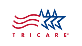 TRICARE logo featuring three red wavy lines and three blue stars above the word “TRICARE” in red capital letters on a white background.