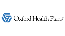 Oxford Health Plans logo featuring a blue geometric hexagon symbol to the left of the company name written in black serif font on a white background.
