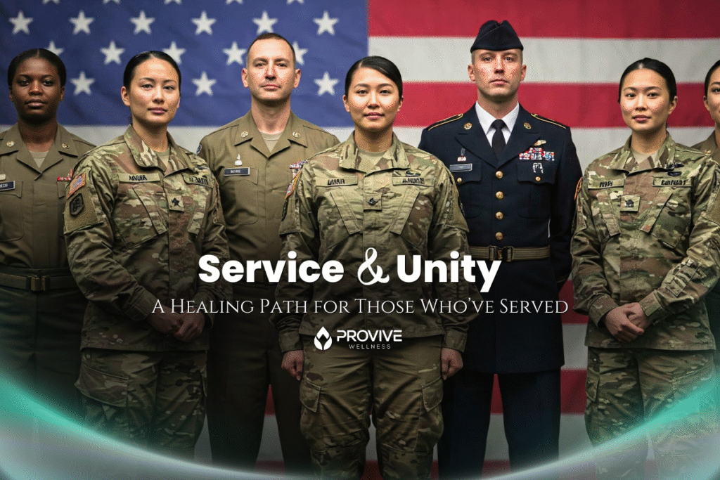 A diverse group of U.S. military personnel in uniform stand before an American flag. The text reads, "Service & Unity: A Healing Path for Those Who’ve Served. Mental Health Matters—Provive Wellness.