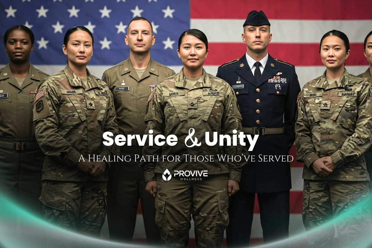 A diverse group of U.S. military personnel in uniform stand before an American flag. The text reads, "Service & Unity: A Healing Path for Those Who’ve Served. Mental Health Matters—Provive Wellness.