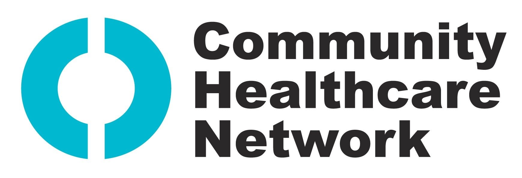 Community Healthcare Network logo featuring a turquoise circular icon with two gaps on opposite sides, alongside bold black text reading "Community Healthcare Network.