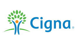 Cigna logo featuring a stylized tree with green leaves and a human figure at the base, next to the word "Cigna" in blue text.
