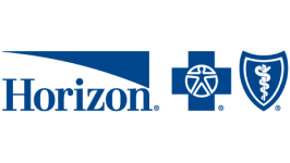 Horizon Blue Cross Blue Shield logo featuring the word "Horizon" in blue, followed by a blue cross with a human figure, and a blue shield with a staff and snake medical symbol.