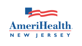 AmeriHealth New Jersey logo featuring a blue square with a red waving line above the words "AmeriHealth" in blue and "NEW JERSEY" below in uppercase blue letters.
