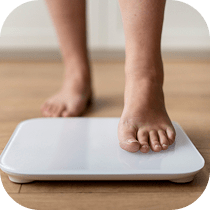A close-up of a person's bare feet stepping onto a white digital bathroom scale on a wooden floor.