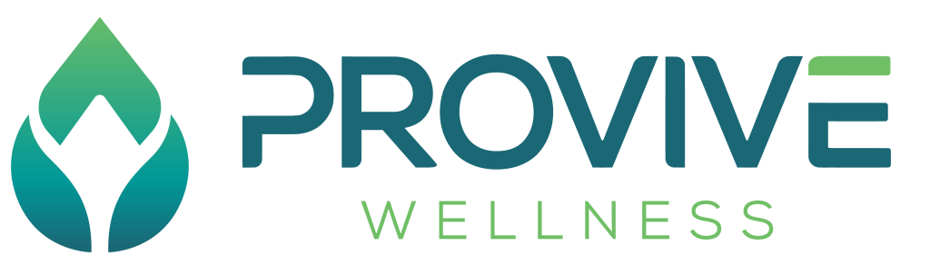 Provive Wellness logo featuring a green and blue gradient leaf icon on the left and the words "PROVIVE" in bold teal letters with "WELLNESS" in light green below.