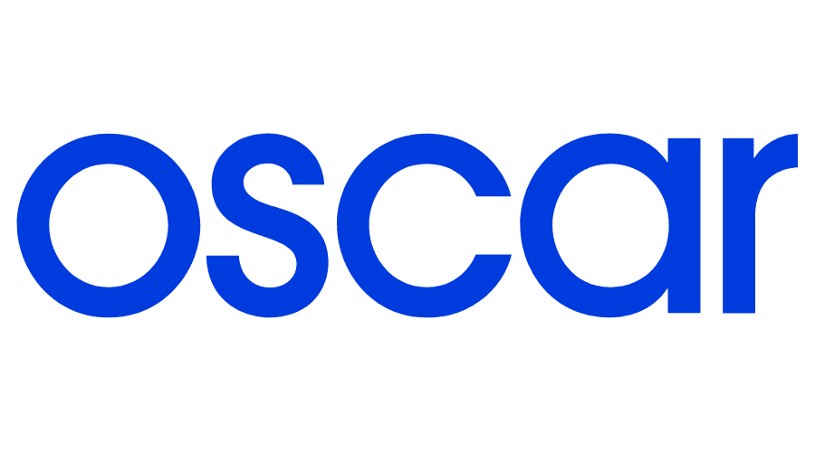 The image shows the word "oscar" written in bold, lowercase, blue letters on a white background.