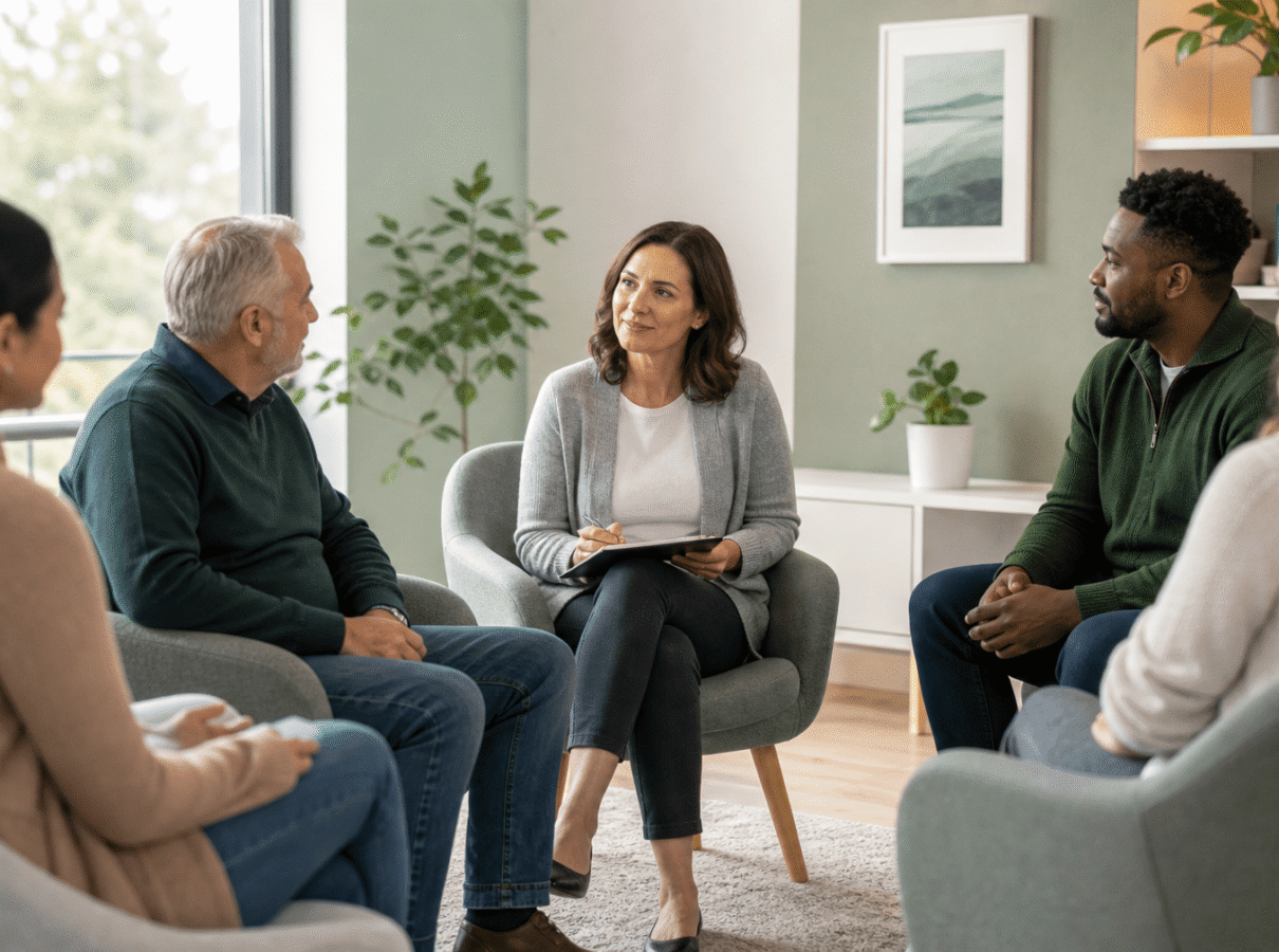 A group of five people sits in a circle on chairs in a bright, cozy room, having a discussion. One woman in the center holds a clipboard, highlighting the importance of support groups and showing that Mental Health Matters.