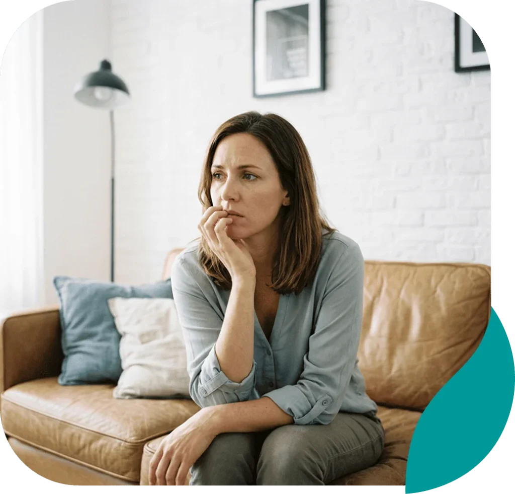 Worried woman on a sofa biting her fingernails