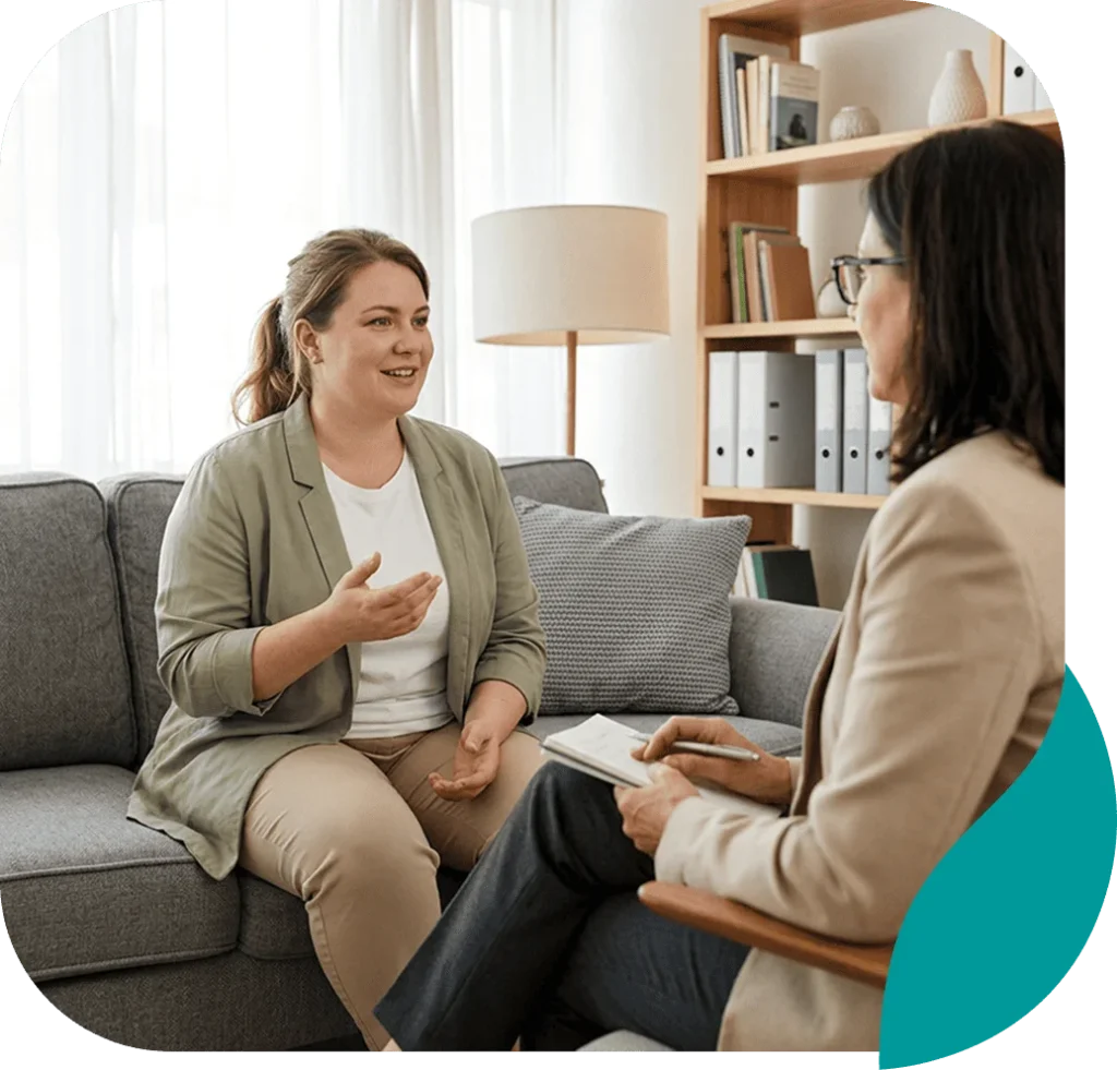 Smiling woman talking with a therapist during a counseling session